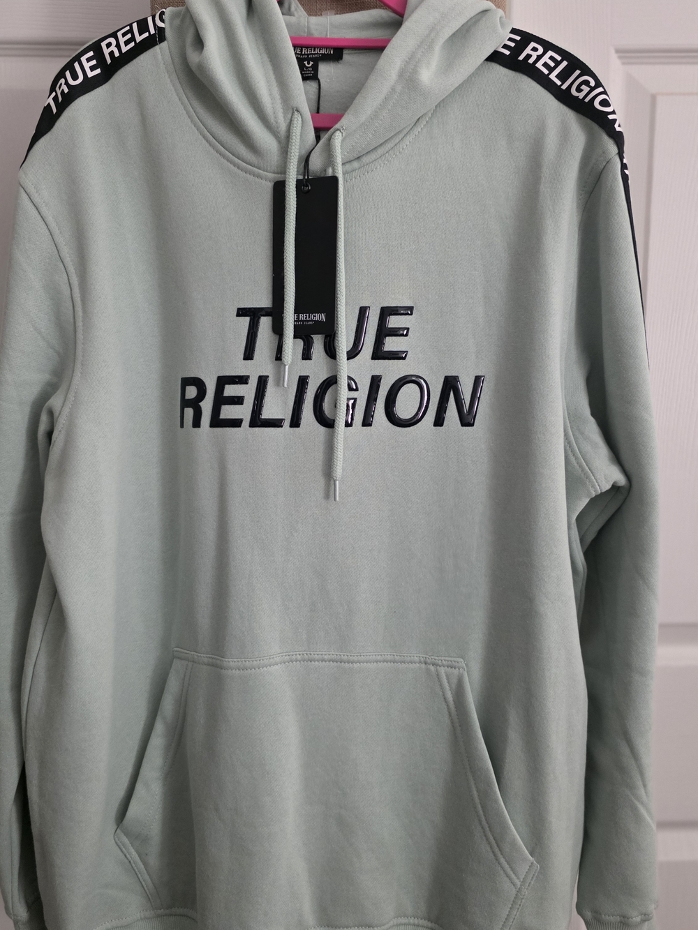 True Religion Mint Green Pullover Hoodie with Black Logo Tape